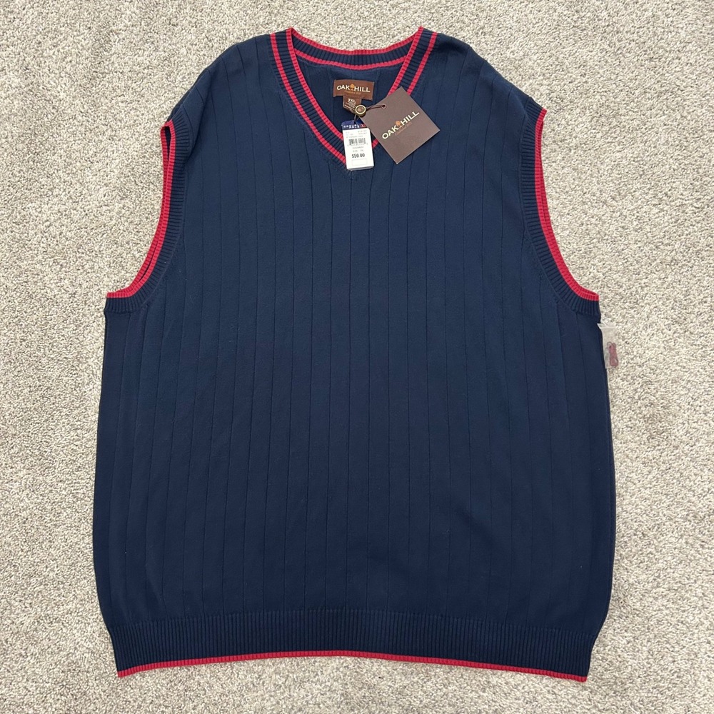 Oak Hill Sweater Vest 3XL Navy Blue Red Trim Ribbed V-Neck 100%‎ Cotton NWT New